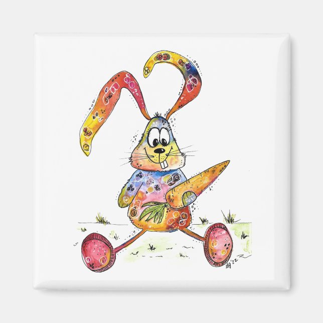 Cute Whimsical Colourful Bunny with Carrot Magnet (Front)