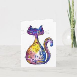 Cute Whimsical Colourful Cat Card