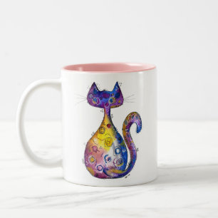 Cute Whimsical Colourful Cat Two-Tone Coffee Mug