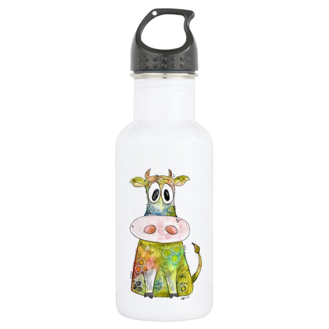 Cute Whimsical Colourful Cow 532 Ml Water Bottle (Front)