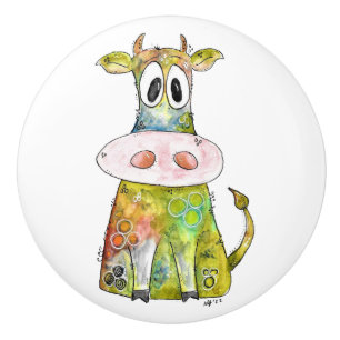 Cute Whimsical Colourful Cow Ceramic Knob