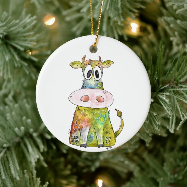 Cute Whimsical Colourful Cow Ceramic Ornament (Tree)