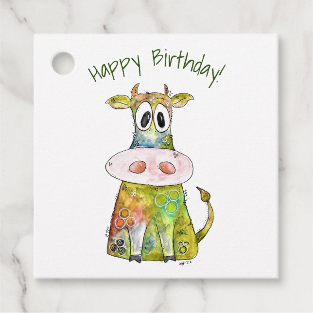 Cute Whimsical Colourful Cow Favour Tags (Front)