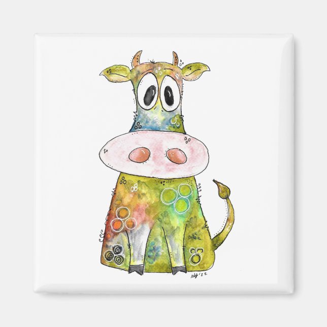 Cute Whimsical Colourful Cow Magnet (Front)