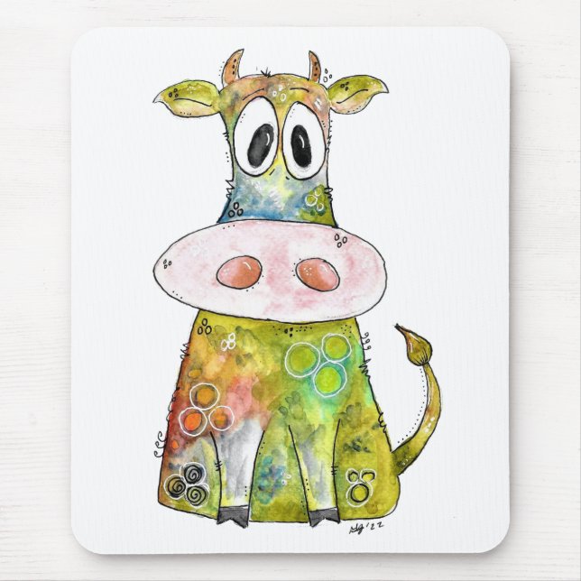 Cute Whimsical Colourful Cow Mouse Pad (Front)