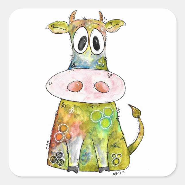 Cute Whimsical Colourful Cow Square Sticker (Front)