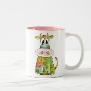 Cute Whimsical Colourful Cow Two-Tone Coffee Mug