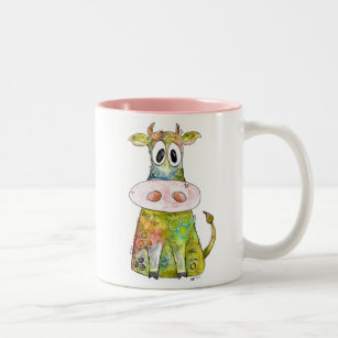 Cute Whimsical Colourful Cow Two-Tone Coffee Mug