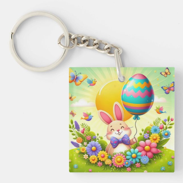 Cute, whimsical & colourful Easter bunny Key Ring (Front)