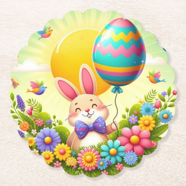 Cute, whimsical & colourful Easter bunny Paper Coaster (Front)