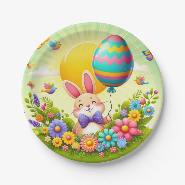Cute, whimsical & colourful Easter bunny Paper Plate (Front)