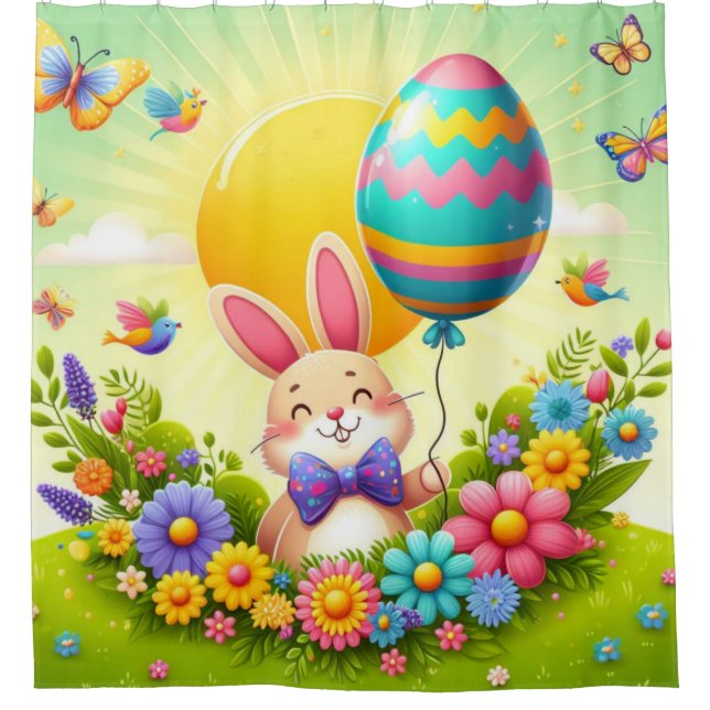 Cute, whimsical & colourful Easter bunny Shower Curtain (Front)