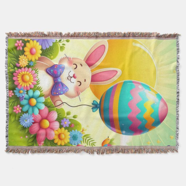 Cute, whimsical & colourful Easter bunny Throw Blanket (Front)