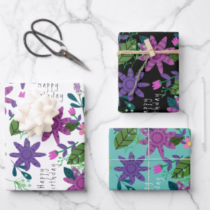 Cute Whimsical Colourful Floral Happy Birthday  Wrapping Paper Sheet