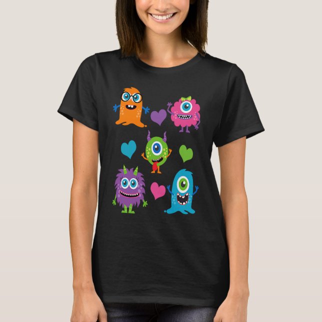 Cute Whimsical Colourful Little Monsters With Hear T-Shirt (Front)