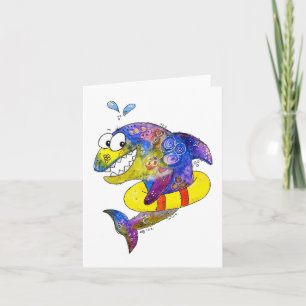 Cute Whimsical Colourful Shark in Float Card