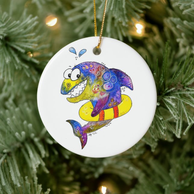 Cute Whimsical Colourful Shark in Float Ceramic Ornament (Tree)