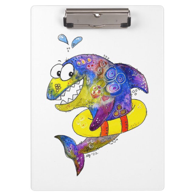 Cute Whimsical Colourful Shark in Float Clipboard (Front)