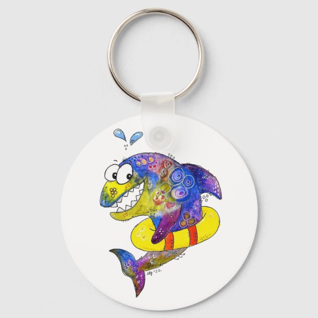 Cute Whimsical Colourful Shark in Float Key Ring (Front)