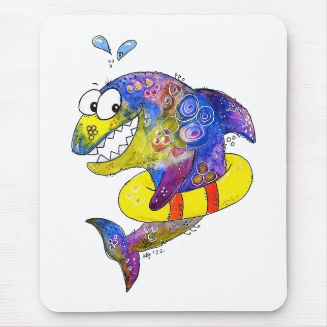 Cute Whimsical Colourful Shark in Float Mouse Pad (Front)