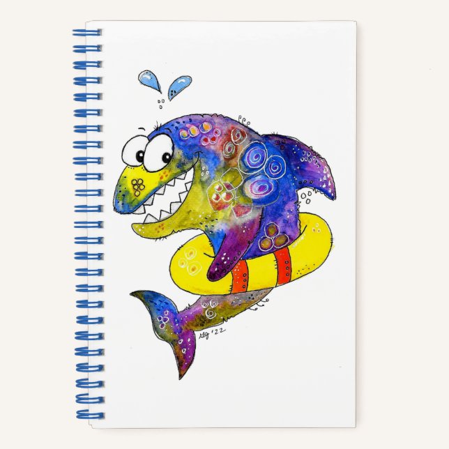 Cute Whimsical Colourful Shark in Float Notebook (Front)