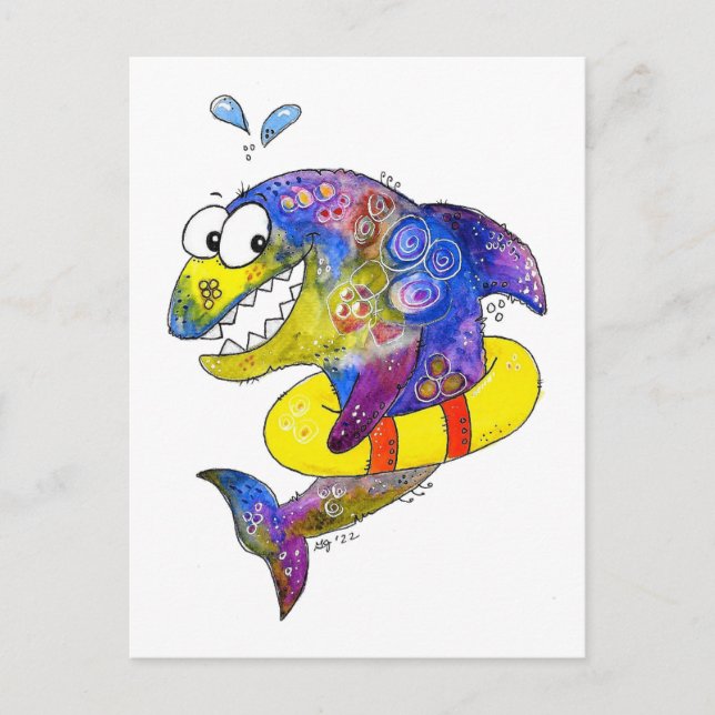 Cute Whimsical Colourful Shark in Float Postcard (Front)