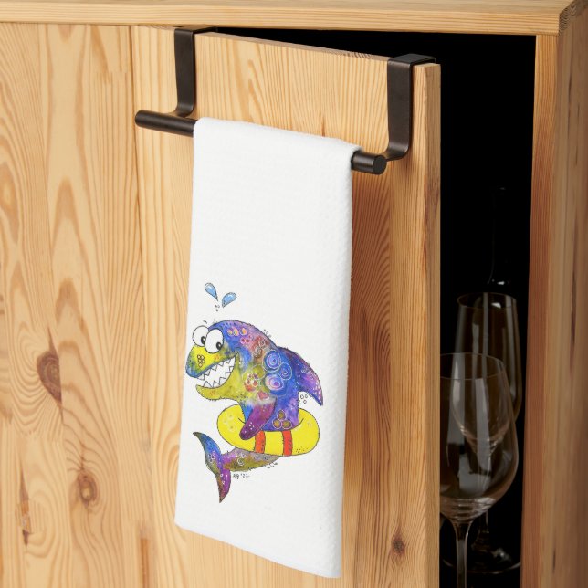 Cute Whimsical Colourful Shark in Float Tea Towel (Thirds Fold)