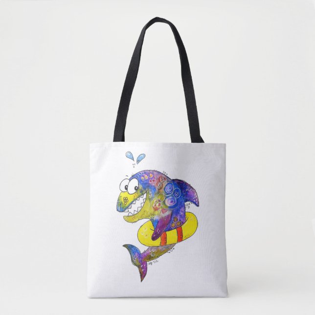 Cute Whimsical Colourful Shark in Float Tote Bag (Front)