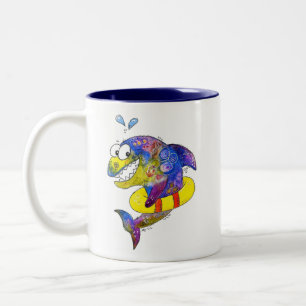 Cute Whimsical Colourful Shark in Float Two-Tone Coffee Mug