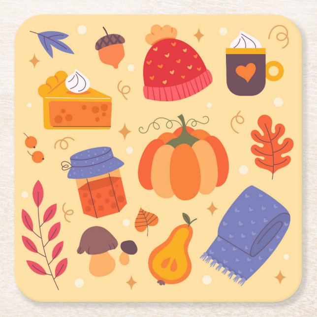Cute Whimsical Cosy Fall Season  Square Paper Coaster (Front)
