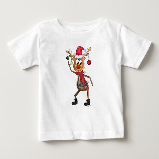 Cute Whimsical Dancing Christmas Deer Baby T-Shirt (Front)