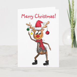 Cute Whimsical Dancing Christmas Deer Card