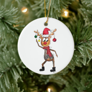 Cute Whimsical Dancing Christmas Deer Ceramic Ornament