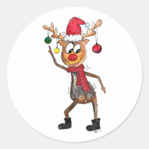 Cute Whimsical Dancing Christmas Deer Classic Round Sticker