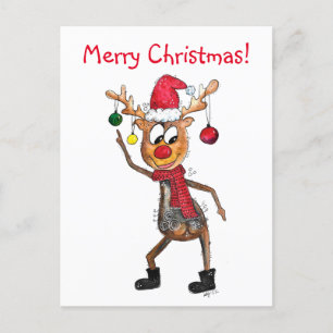 Cute Whimsical Dancing Christmas Deer Postcard