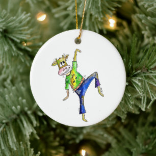 Cute Whimsical Dancing Cow Ceramic Ornament