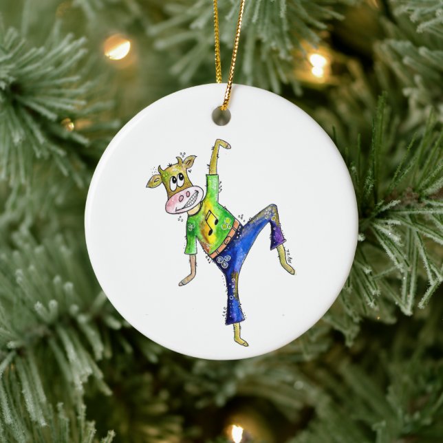 Cute Whimsical Dancing Cow Ceramic Ornament (Tree)