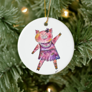 Cute Whimsical Dancing Pig Ceramic Ornament