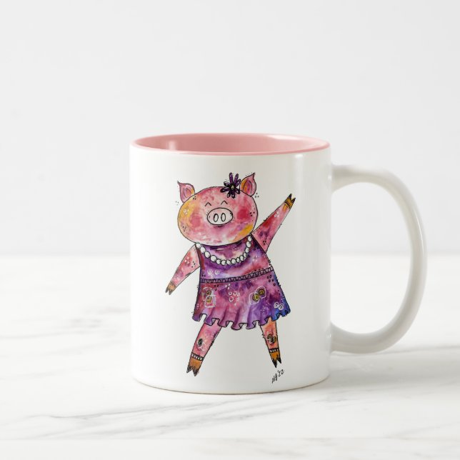 Cute Whimsical Dancing Pig Two-Tone Coffee Mug (Right)
