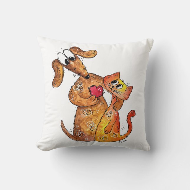 Cute Whimsical Dog and Cat Cushion (Front)