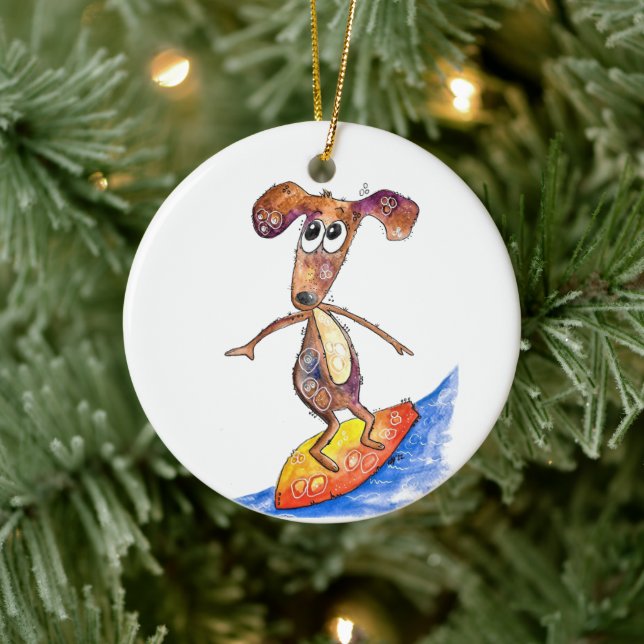Cute Whimsical Dog on Surfboard Ceramic Ornament (Tree)