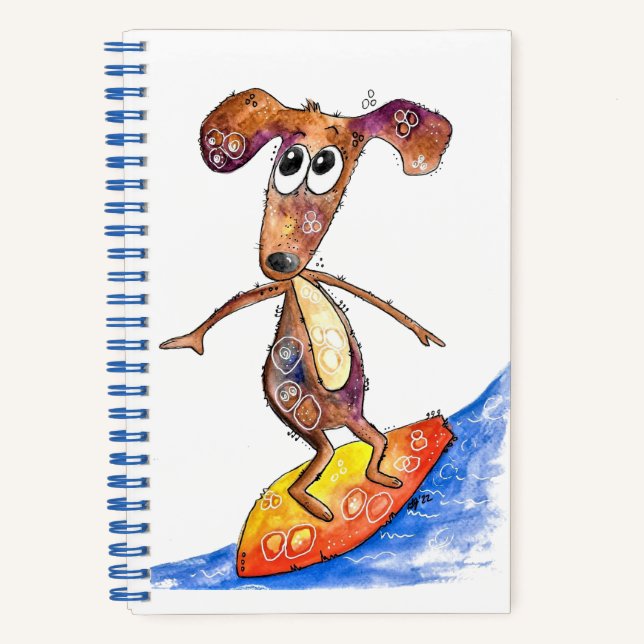 Cute Whimsical Dog on Surfboard Notebook (Front)