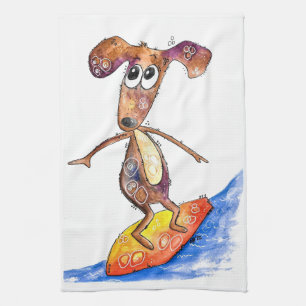 Cute Whimsical Dog on Surfboard Tea Towel
