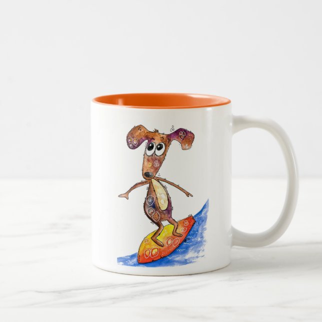 Cute Whimsical Dog on Surfboard Two-Tone Coffee Mug (Right)