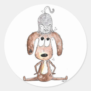 Cute Whimsical Dog with Cat on His Head Classic Round Sticker