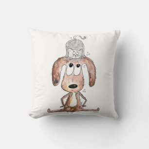 Cute Whimsical Dog with Cat on His Head Cushion