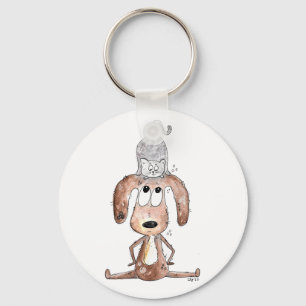 Cute Whimsical Dog with Cat on His Head Key Ring