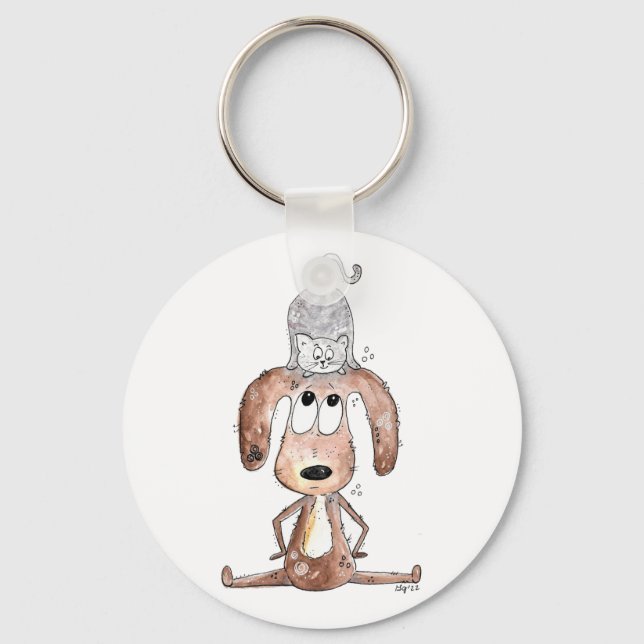 Cute Whimsical Dog with Cat on His Head Key Ring (Front)