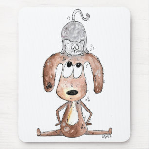 Cute Whimsical Dog with Cat on His Head Mouse Pad