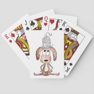 Cute Whimsical Dog with Cat on His Head Playing Cards